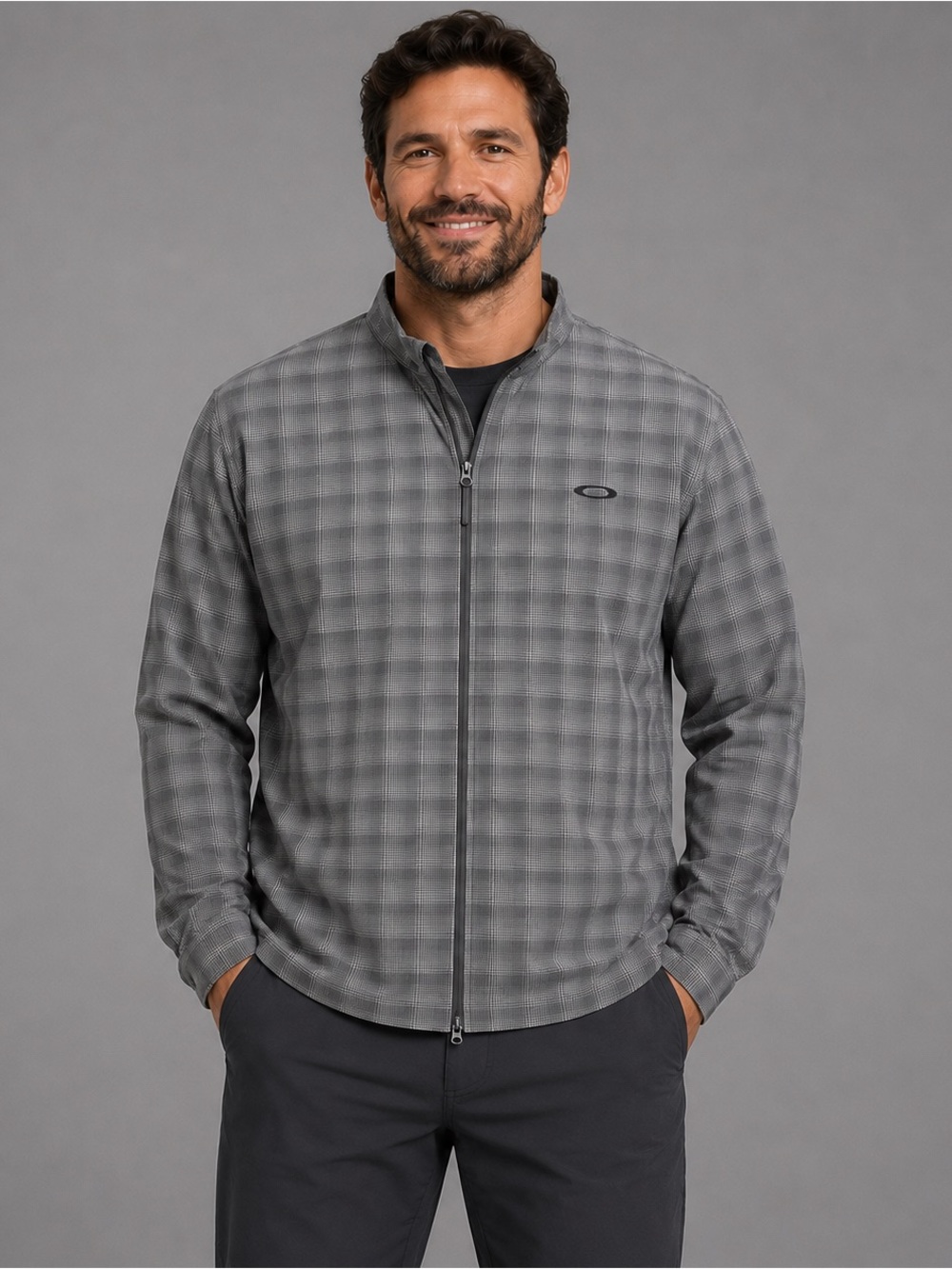 Oakley XL Gray Plaid Full Zip Lightweight Jacket Windbreaker Mens